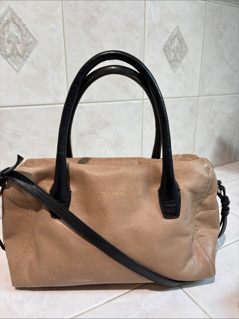 Cole Haan Vintage Two-Tone Leather Satchel with Crossbody Straps in Tan & Black